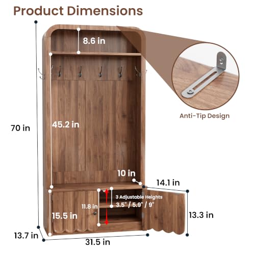 Narrow Hall Tree with Bench and Shoe Storage, Arched Entryway Coat Rack