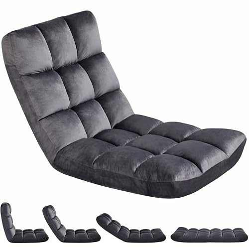 14-Position Folding Floor Chair with Adjustable Back Support, Velvet Grey