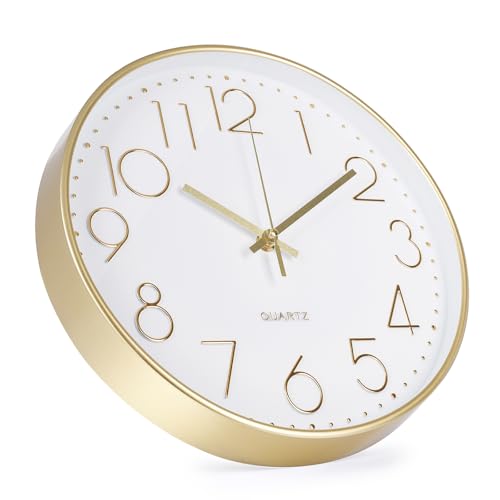 12-Inch Silent Quartz Wall Clock - Modern Round Decor with Gold 3D Dial