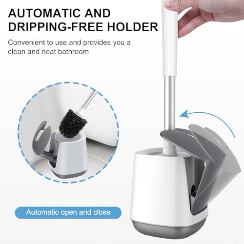 Toilet Brush and Holder Set - Auto Closing Lid & Long Handle Scrubber