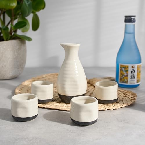 White True Fervor Ceramic Sake Set with 4 Cups & 8 oz Carafe – Traditional Japanese Drinkware