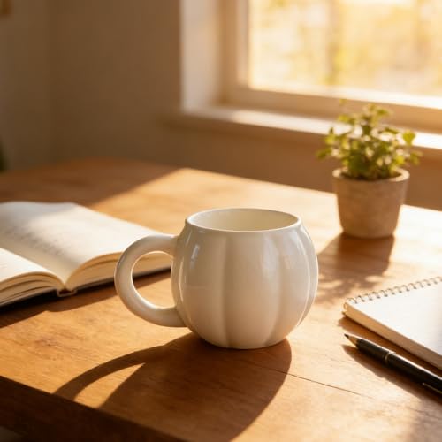 HOPOYGOS White Pumpkin Mug - Large 17oz Ceramic Coffee & Tea Cup, Fall Halloween Decor
