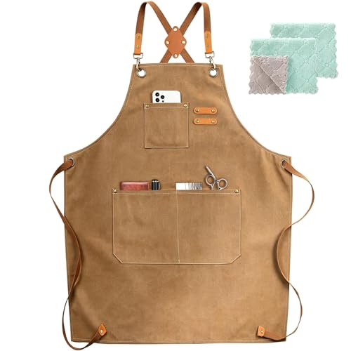 Cotton Canvas Chef Apron with Pockets - Adjustable Cross Back Bib