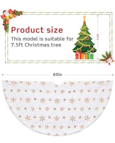 White Faux Fur Christmas Tree Skirt with Gold Sequin Snowflakes - 60 Inch