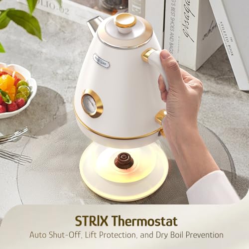 Retro Electric Kettle 1.7L Stainless Steel with Temperature Dial, Pearl White