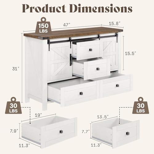 2-Piece Farmhouse Dresser Set with Sliding Barn Doors, Distressed White