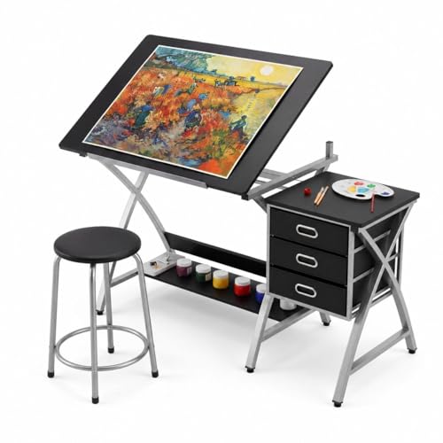 Adjustable Drafting Table with Stool and 3 Drawers for Artists