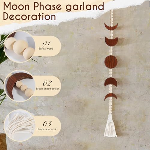 Moon Phase Wall Hanging Garland with Tassels - Boho Wooden Home Decor