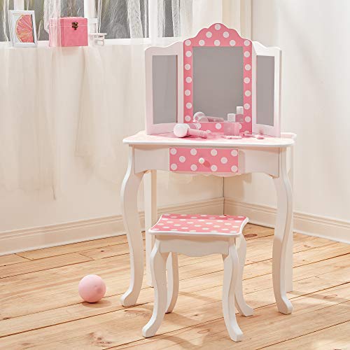 Kids Wooden Play Vanity Set with Tri-Fold Mirror, Drawer, and Matching Stool