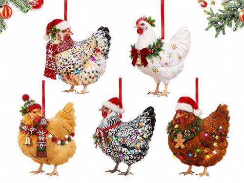 Funny Chicken Christmas Ornaments - Farmhouse Holiday Tree Decorations (Set of 5)