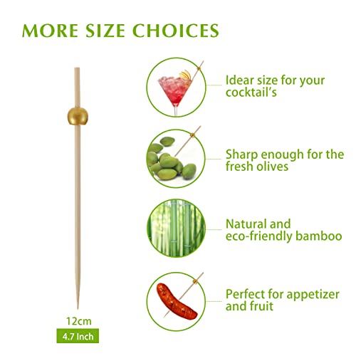 200 Pcs 4.7-Inch Bamboo Cocktail Picks with Gold Ball for Appetizers