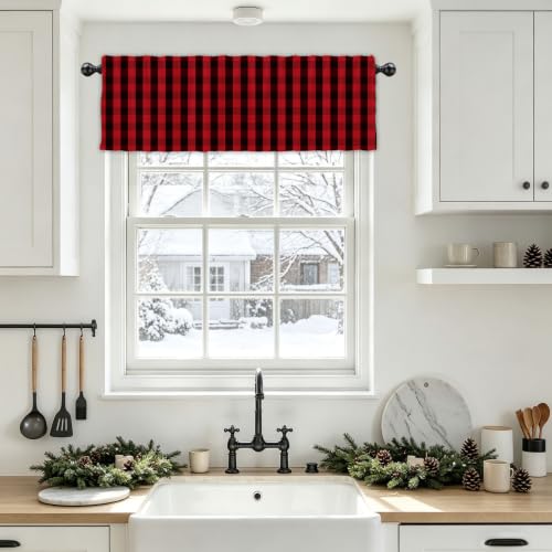 54x18 Inch Christmas Red Black Buffalo Check Valance with Rod Pocket