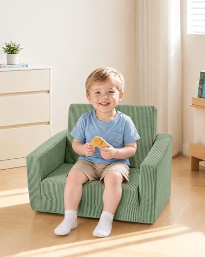 2-in-1 Fold-Out Kids Sofa Chair - Cozy Corduroy Convertible Couch, Green