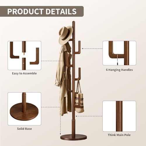 Solid Wood Freestanding Coat Rack - Adjustable Cactus Coat Tree for Entryway