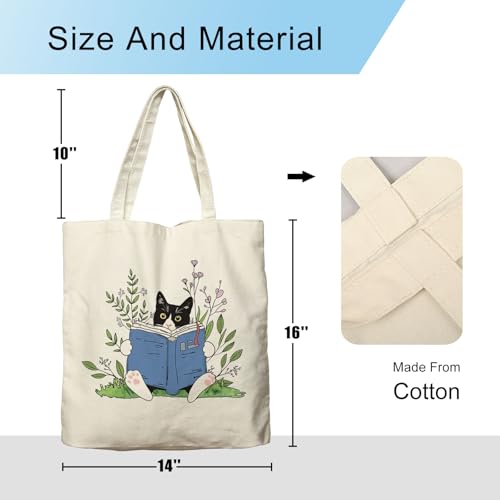 Dlzdn Cat Tote Bag - Cute Tuxedo Cat Print Reusable Grocery Beach Tote 14x16in