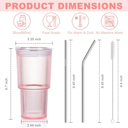20oz Pink Plastic Ribbed Tumblers Set of 4 with Lids & Straws - Reusable Iced Coffee & Smoothie Cups