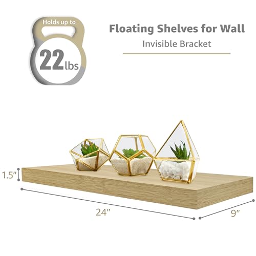 24-Inch Floating Wall Shelves - Set of 3 Maple Wood Display Shelves