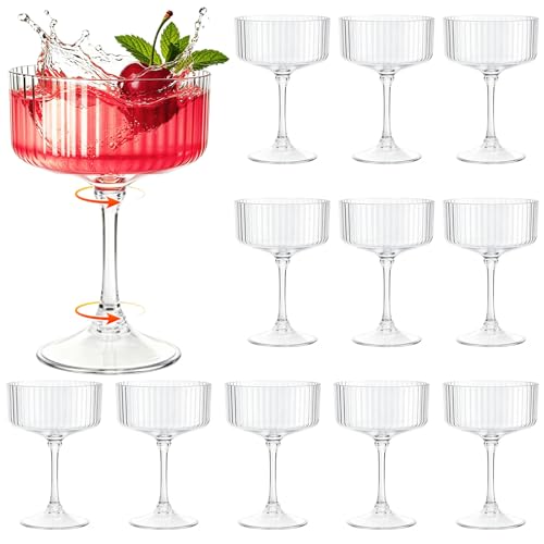 12 Pcs 10oz Ribbed Plastic Martini Glasses, Disposable Coupe Cocktail Set
