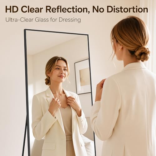 Full Length Floor Mirror with Stand, 56" x 14" Black Aluminum Frame Mirror