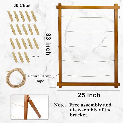 Freestanding Wood Photo Display Board with 30 Clips for Tabletop Decor