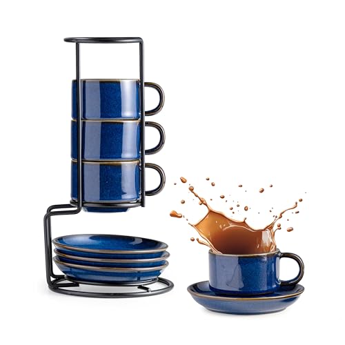 Gomakren Cobalt Blue 2.5oz Espresso Cups & Saucers Set of 4 with Metal Rack