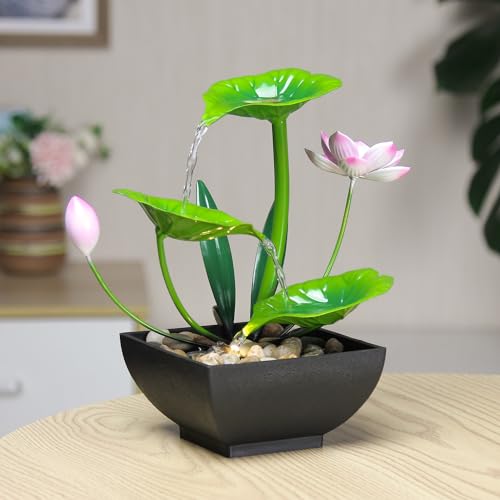 3-Tier Indoor Tabletop Water Fountain with Lotus Leaves & River Rocks