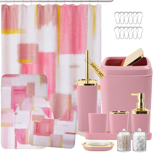 Complete Pink and Gold Bathroom Accessory Set with Shower Curtain and Rugs