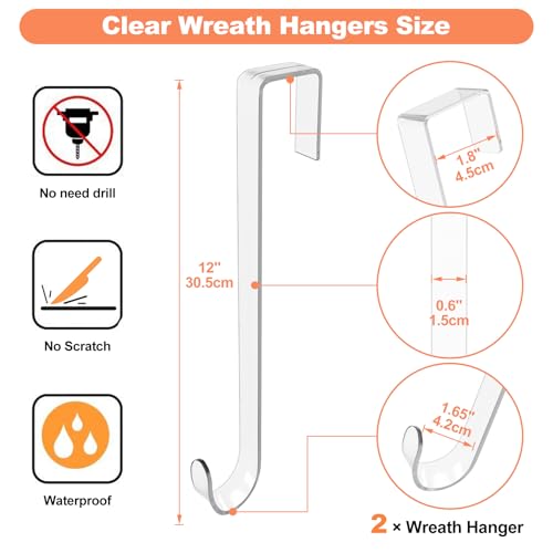 ZYSUN 12" Clear Wreath Hangers for Front Door, 2 Pack Non-Scratch Over Door Hooks