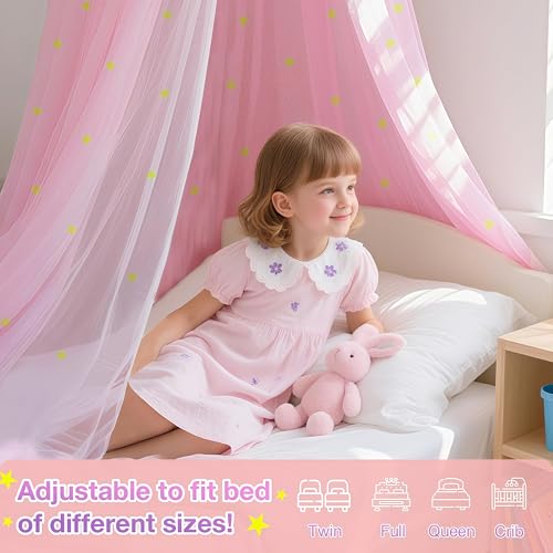 Pink Princess Bed Canopy with Glow-in-the-Dark Stars for Girls Room