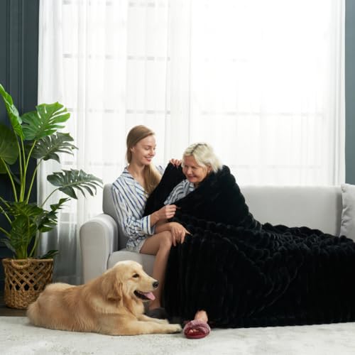 Cozy Bliss Faux Fur Throw Blanket for Couch - Soft Plush Striped, 50x60 Black