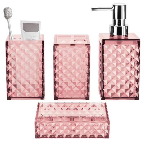 4-Piece Bathroom Accessory Set, Grid Pattern Plastic Bath Decor