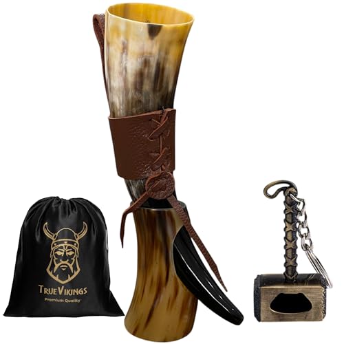 TRUE VIKING Handcrafted Ox Horn Drinking Horn - Shine Polished Pack of 1 with Thor Bottle Opener & Stand, 12 oz Viking Beer & Mead Cup - Valentine Gift