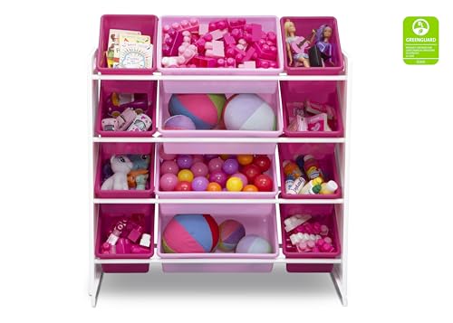 Kids Toy Storage Organizer with 12 Plastic Bins - White and Pink