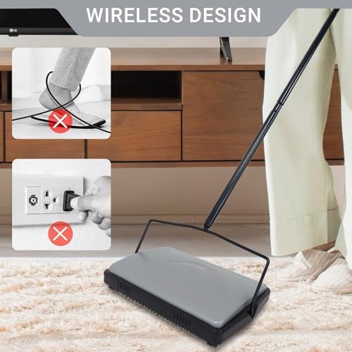 Manual Carpet Sweeper with Natural Pig-Bristle Roller Brush