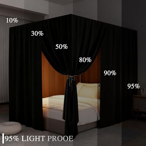 Blackout Canopy Bed Curtains - 4 Corner Post Integrated Queen Canopy