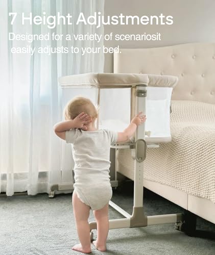 Adjustable Bedside Bassinet with Breathable Mesh and Wheels, Beige