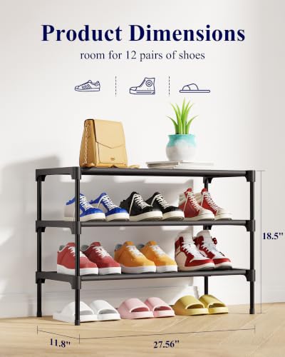Kitsure 3-Tier Stackable Shoe Rack - 27.5" Wide Black Metal & Fabric Shelf