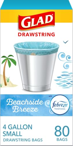 Glad Small Trash Bags with Febreze Beachside Breeze Scent, 4 Gallon, 80 Count - Odor Resistant & Drawstring