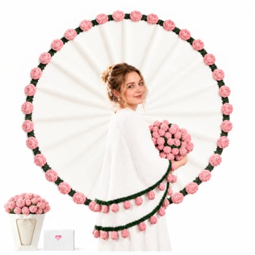 Pink Crochet Rose Bouquet Throw Blanket - Handmade Knit 43in by VORPVAOE