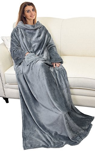Wearable Blanket with Sleeves, Fleece Throw Wrap for Lounging and Reading