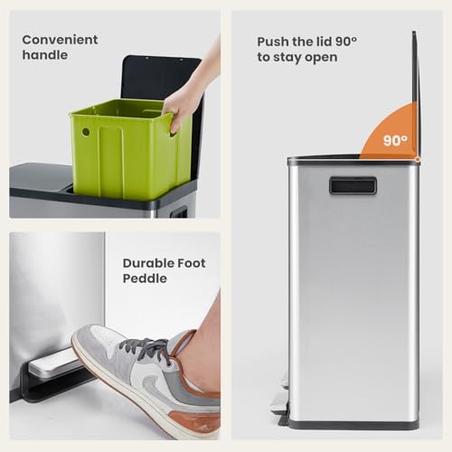 Dual Kitchen Trash Can 16-Gallon Stainless Steel Step Garbage Bin