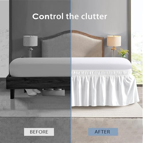 Queen Elastic Wrap-Around Bed Skirt - 15-Inch Drop Dust Ruffle (White)