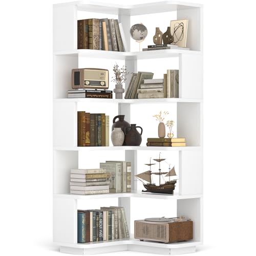 6-Tier Corner Bookshelf, L-Shaped Space-Saving Storage Display Stand, White