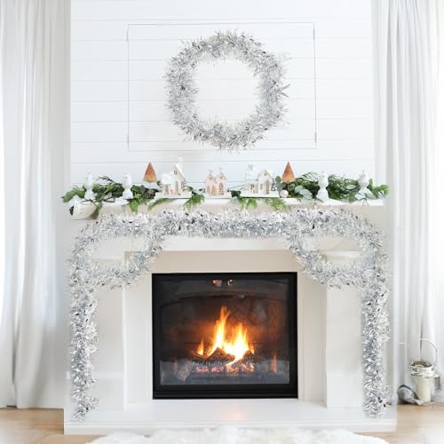 Kinglake Garden 33 ft Silver Christmas Tinsel Garland for Tree & Decor