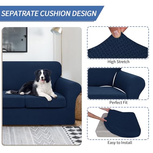 Stretch Loveseat Sofa Covers - 3-Piece Thick Slipcover Set for 2 Cushions, Navy Blue