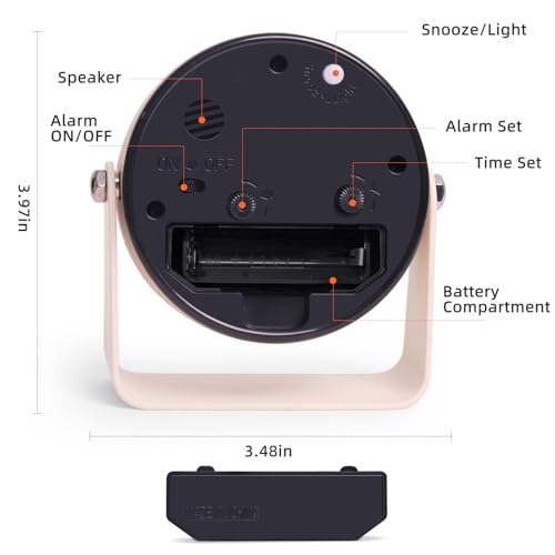 Compact Silent Analog Alarm Clock with Night Light and Snooze, Yellow