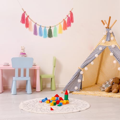 Colorful Tassel Garland with Wood Beads - 43-inch Boho Wall Hanging Decor