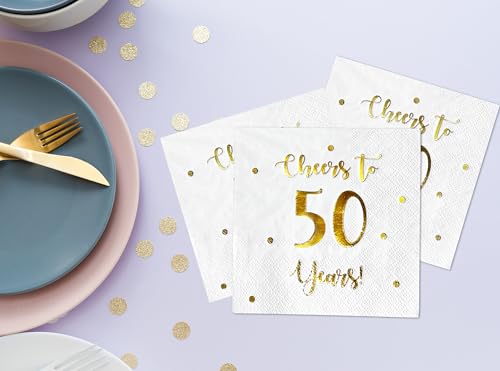 White Cheers to 50 Years Cocktail Napkins - 50-Pack, 3-Ply, Birthday & Anniversary Decor
