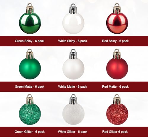 Anstore 54Pcs Mini Christmas Ornaments Red Green White - 3cm/1.18in Shatterproof Baubles with Gold Caps & String