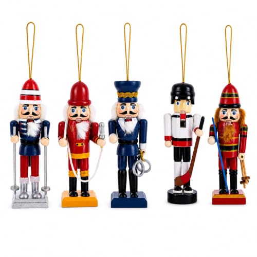 Set of 5 Wooden Nutcracker Christmas Ornaments - Hand-Carved Holiday Figures
